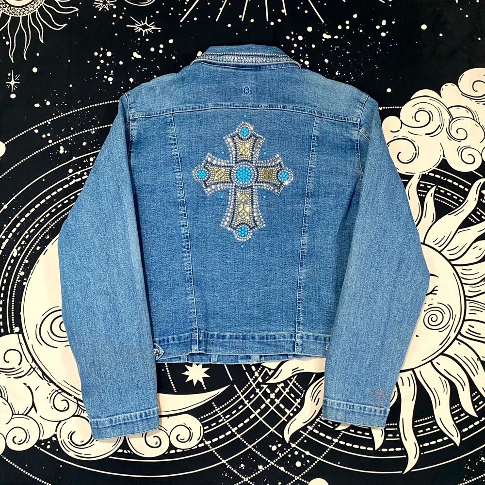 Christine Alexander Jacket Women XL Blue Cotton Denim Basic Embellished Stretch - Picture 4 of 8
